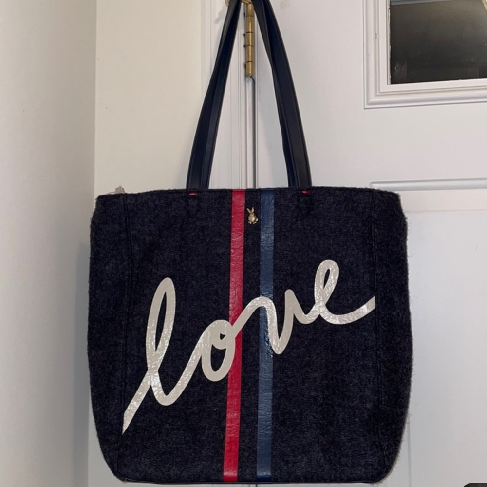EUC Ellen Degeneres Wool Grey Blue "Love" Large Tote with PETA Symbol